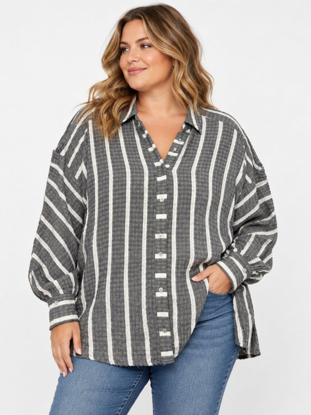 Jane and Delancey Top Size 2x Grey White Stripes Button Down Gauze Textured